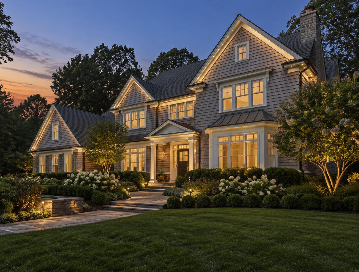 Shingle-style home illuminated at twilight