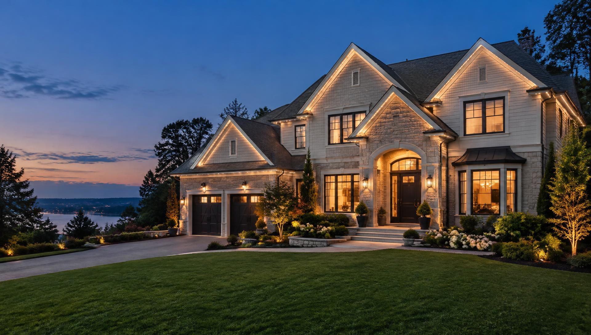 Upscale home with warm permanent eave lighting at dusk